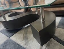 Black wooden display coffee table with glass top, storage & two stools included 