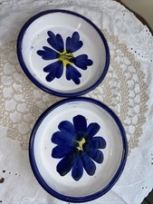 Vintage Handmade Blue Spongeware Pottery 6" Shallow Bowl/Plate Plant Pot Base X2