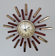 Anstey & Wilson Sunburst Wall Clock Teak And Brass 1960s/70s Vintage Working