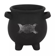New Boxed Black Ceramic Cauldron Plant Pot Triple Moon Witch Wiccan Gothic Pagan