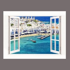 Mykonos Greece Greek Island Sea 3D Effect Window Canvas Picture Wall Art Prints 