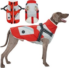 Waterproof Dog Coat with Harness, Dog Fleece Lined Sweater (Red, 2XL)