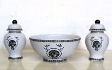 India Jane Lidded Ginger Jars and Large Matching Bowl Decorative Black & White