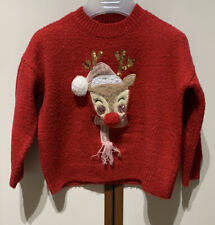 F&F (at Tesco) Girls Xmas Jumper -Red - 4 to 5 Years - Rudolph -LOVELY CONDITION