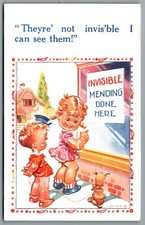 Comic Postcard Little Boy Girl Shop Window Little Dog Invisible Mending Unposted