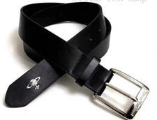 NWT Vivienne Westwood Cowhide Belt Black Leather Orb Logo Silver Buckle