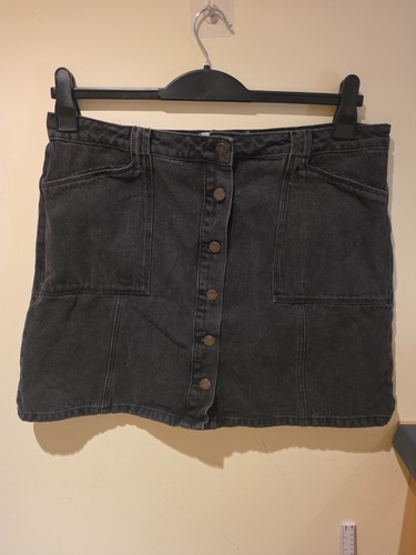 Black denim button front mini - black,