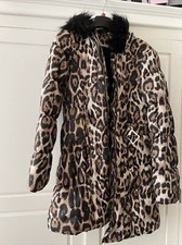 Bhs Girls Animal Print Jacket 13-14 Years Warm Padded Fur Trimmed Hooded Coat