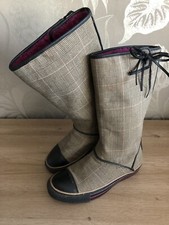 Converse Brown Tartan Mid Calf Pull On Boots Bright Pink Faux Fur Lined UK 4.5