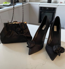 UNTOLD Black Satin Flower Detail Heel Shoes & Clasp Bag Set Size 39 Worn Once