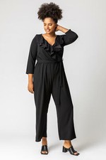 RRP £45, NEW ROMAN CURVE Frill Detail Wrap Jumpsuit IN AUBERGINE/DARK GREEN