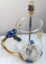 Glass Mug & Spoon Set Blue Enamel Rose & Butterfly Tea Coffee Cup decorative