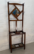 Antique Arts & Crafts Oak Hall Stand with Mirror & Umbrella Stand (c.1910)