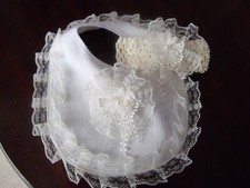 Romany / Spanish baby / toddler girls white + cream bib + cream Crochet Headband