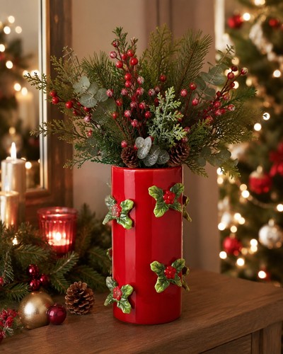 Christmas holly ceramic - ceramic, vase