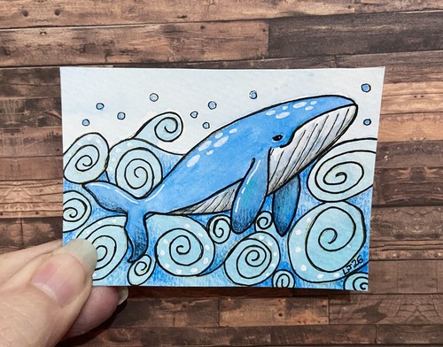 Aceo original folk art whale - aceo,