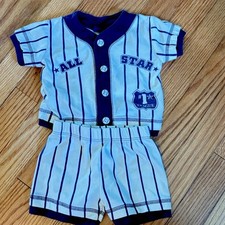 Vintage 80s Tad Little Blue & White Striped Baseball 0/6 Month Baby Boy
