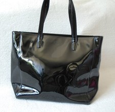 LK Bennett Black Patent Leather Shopper Tote Bag Large Side Flower 14x12"