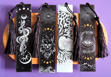 Set of 4 Black & White Gothic Witchy Pagan Themed Acrylic Tassel Bookmark