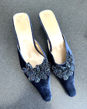 Blue Velvet Beaded Ladies Mules Shoes Kitten Heel EU 38 UK 5 by Floyd, Point Toe