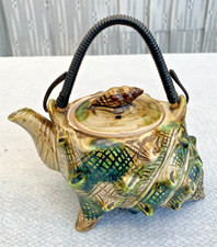 Vintage Green & Brown Seashell Teapot Majolica Conch