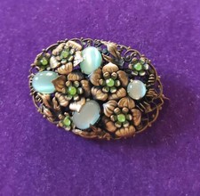 Vintage Brooch Art Deco Ornate Filigree Gorgeous Green Satin Czech Glass 