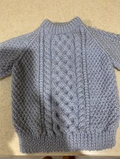 Hand knitted childs aran jumper size 22 inch chest Wool blend Blue/grey