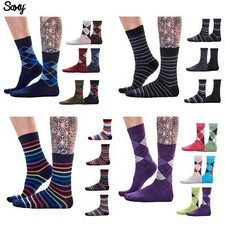 Mens 12 Pk  Cotton Rich Everyday Dress Socks Argyle Stripe Designer Bright Dark 