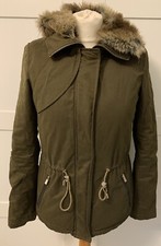 Zara Women’s Parka Jacket Coat UK 6-8 XS Khaki Green Faux Fur Lined Collar