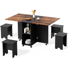 Kitchen Folding Dining Table and Chairs Set Drop Leaf Breakfast Table 4Pcs Stool