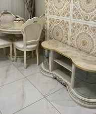 Leonardo Ivory Gloss and Gold Italian Round Dining Set with Chairs + TV Cabinet