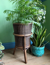 LARGE QUALITY VINTAGE BAMBOO WICKER JARDINIERE PLANT STAND RETRO BOHO 59cm H
