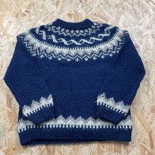 Vintage Hand Knit Wool Chunky Fair Isle Blue Jumper Grandad Nordic Style M