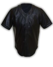 Mens Base Ball Jersey Style Shirt Soft Lambskin Leather Black Shirt Jersey Bluf