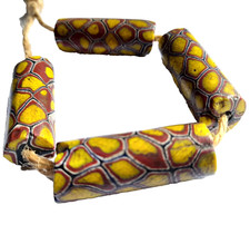 ANTIQUE AFRICAN TRADE BEADS VENETIAN GLASS MILLEFIORI TUBULAR BIG 4CM YELLOW X4