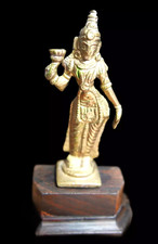 Antique Indian brass  of Goddess Lakshmi  statue desktop with wooden stand