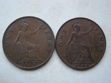 George V : Genuine Penny Coins 1932 1934