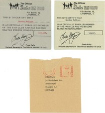 Two original Beatles Fan Club membership cards