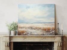 Vintage Countryside Blue Sky Above Frozen Fields Neutral Canvas Print Wall Art