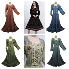 Maxi Dress Long Sleeve Crinkle Stonewash Rayon Lace up Embroidered 14 16 18