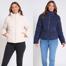 Women's Ladies Short Corduroy Fabric Jacket Padded Bubble Puffer Winter Coat