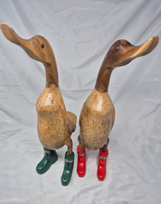 2 x Large Wooden Ducks Wearing Hunter Wellies - Red and Green FREE POST
