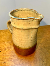 Signed Studio Pottery Jug – Glazed Stoneware Pitcher Cream & Brown 17.5cm