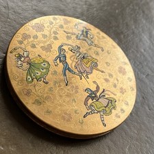 Vintage ZENETTE Powder Compact Gold Tone With Painted Folk Dancers & Mesh Insert