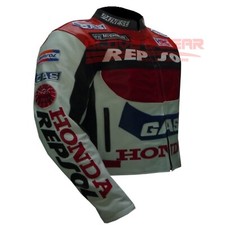 HONDA GAS REPSOL RED AND ORANGE MOTORBIKE COWHIDE LEATHER ARMOURED JACKET