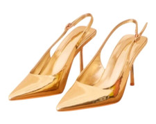 Pretty Little Thing Mid Heel Women's UK Size 6 Gold PU Point Toe Sling Back