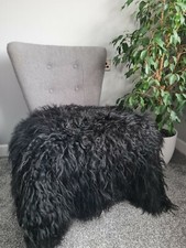 Natural Black Curly (Not Dyed) Long Fleece Icelandic Pelt Genuine Sheepskin Rug