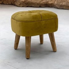 Yellow Velvet Footstool Wooden