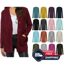 Womens 5 Button Grandad Cardigan Ladies Chunky Cable Knit Long Sleeves UK 8-22