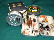 J w Young for Shakespeare Speedex geared fly reel & fly box, flies & xDT8 line